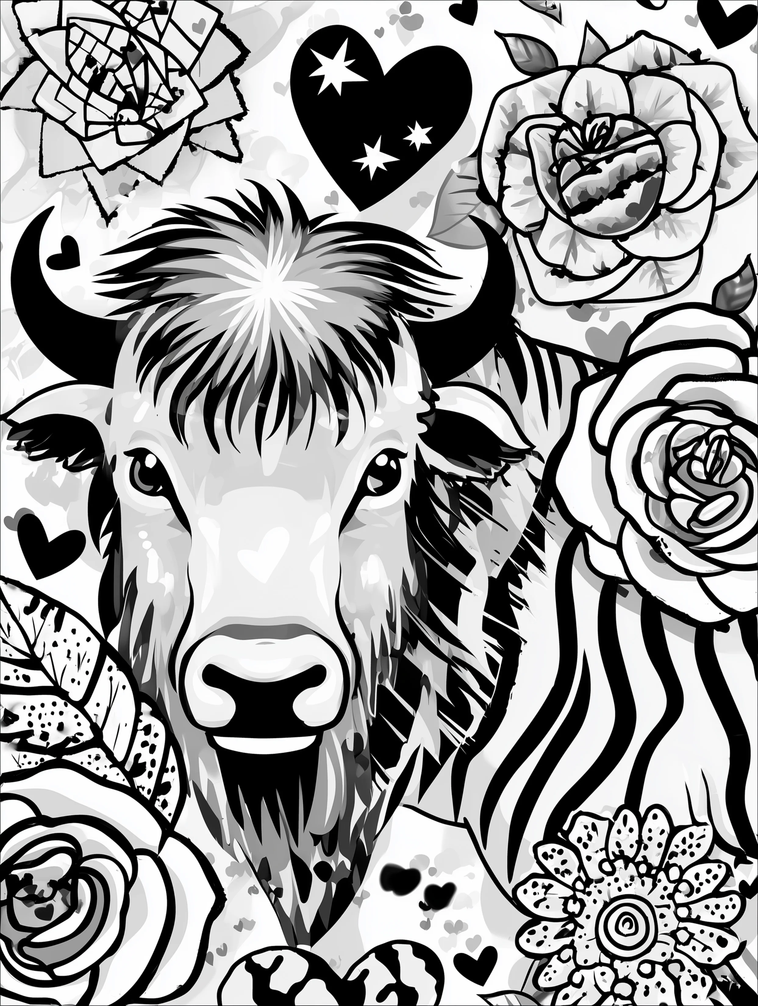 Free printable zoo coloring sheet featuring an ox with flowers